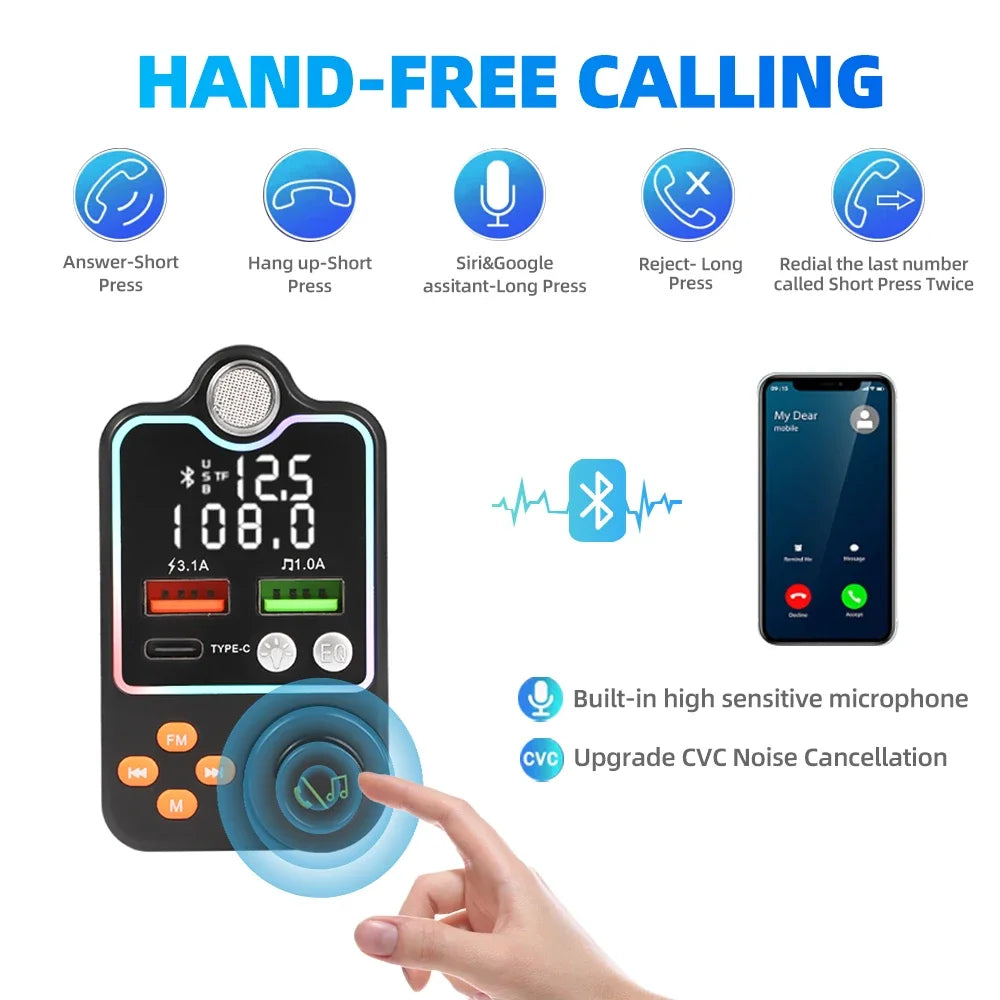 Bluetooth 5.0 Car Charger Dual USB Type C Quick Charge Hands-free Call Kit FM Transmitter MP3 Player Car Cigarette Lighter