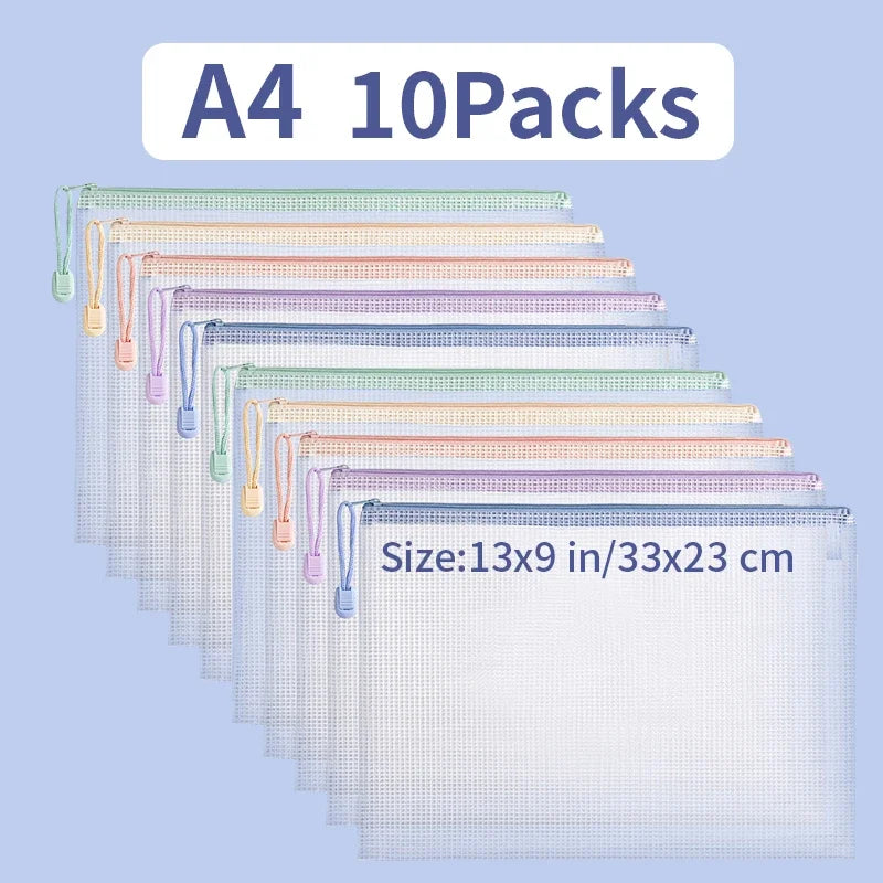 Zipper Mesh Bags A4/A5 Plastic Zipper Bags For Organizing Waterproof Clear Travel Bags Office Supplies Document,color random