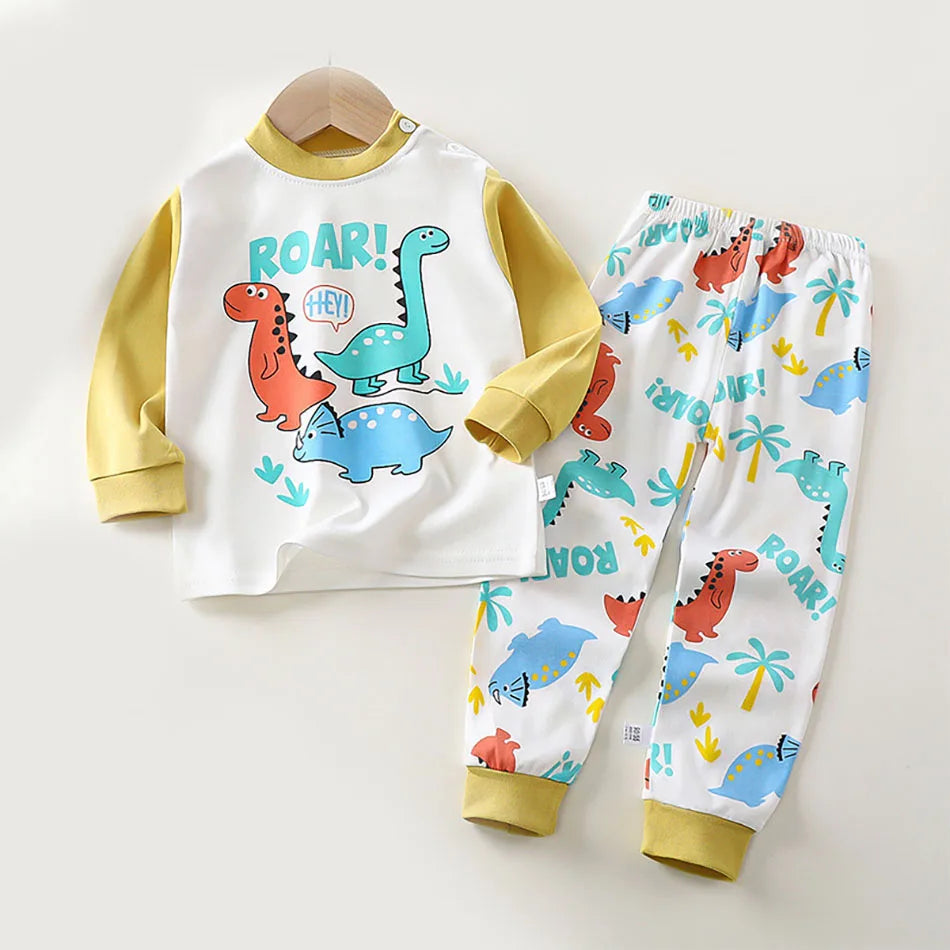 Unisex Cotton Dinosaur Pajamas Set – Soft & Durable Kids Sleepwear for Spring and Autumn