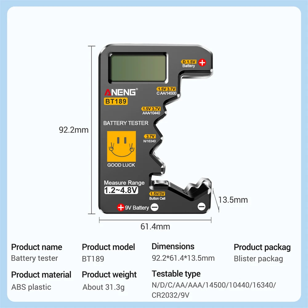 ANENG BT189 Battery Tester 9V AAAAA Button Cell Universal Household LCD Digital Display Battery Tester Power Bank Detector