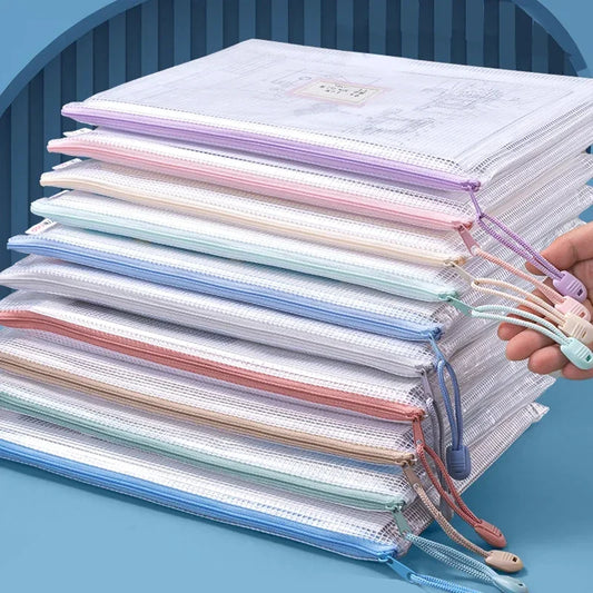 Zipper Mesh Bags A4/A5 Plastic Zipper Bags For Organizing Waterproof Clear Travel Bags Office Supplies Document,color random