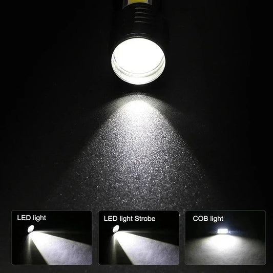 COB + XPE Mini USB Rechargeable Flashlight – Zoomable Small Torch with Clip, 350 Lumens, Waterproof Emergency Light for Camping, Hiking, Fishing