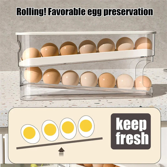 Double Layer Rolling Egg Dispenser – Large Capacity Refrigerator Egg Storage Box with Automatic Scrolling