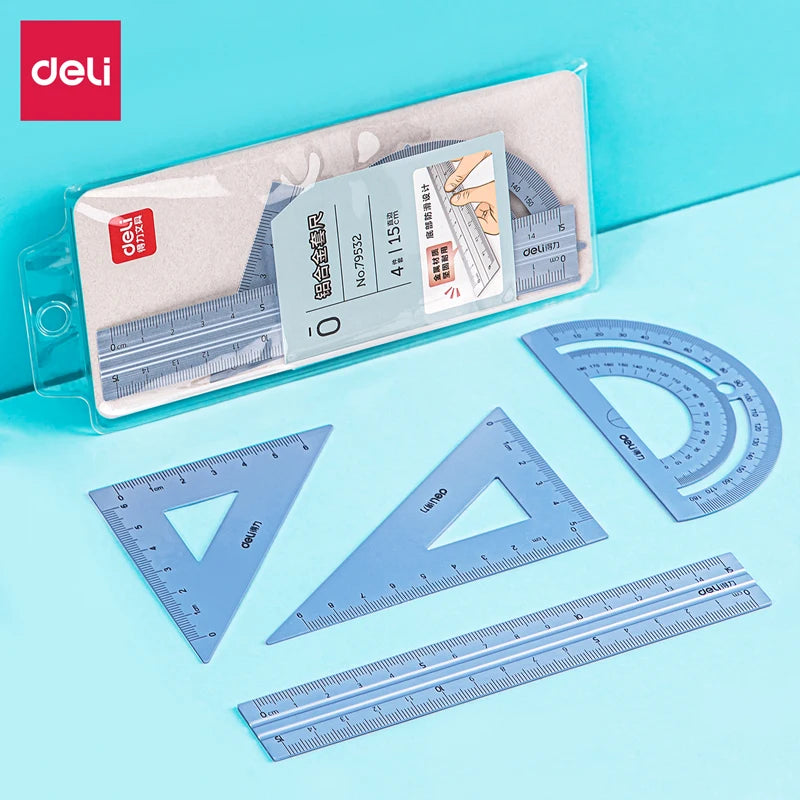 DELI Aluminum Drafting Set – 4-Piece Ruler Set with Protractor and Triangle