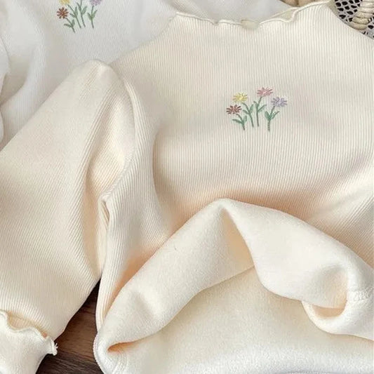 Baby Girls Winter Thickened Sweater – Warm Puff Sleeve Embroidered Top for Kids 1-6 Years