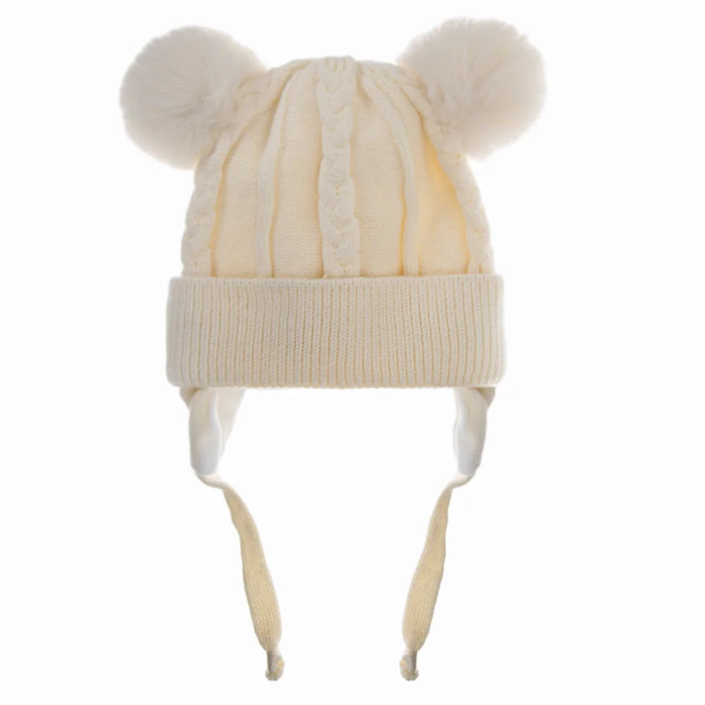 Bear Knit Winter Hat – Warm Baby Earmuff Cap with Pompoms & Cotton Lining