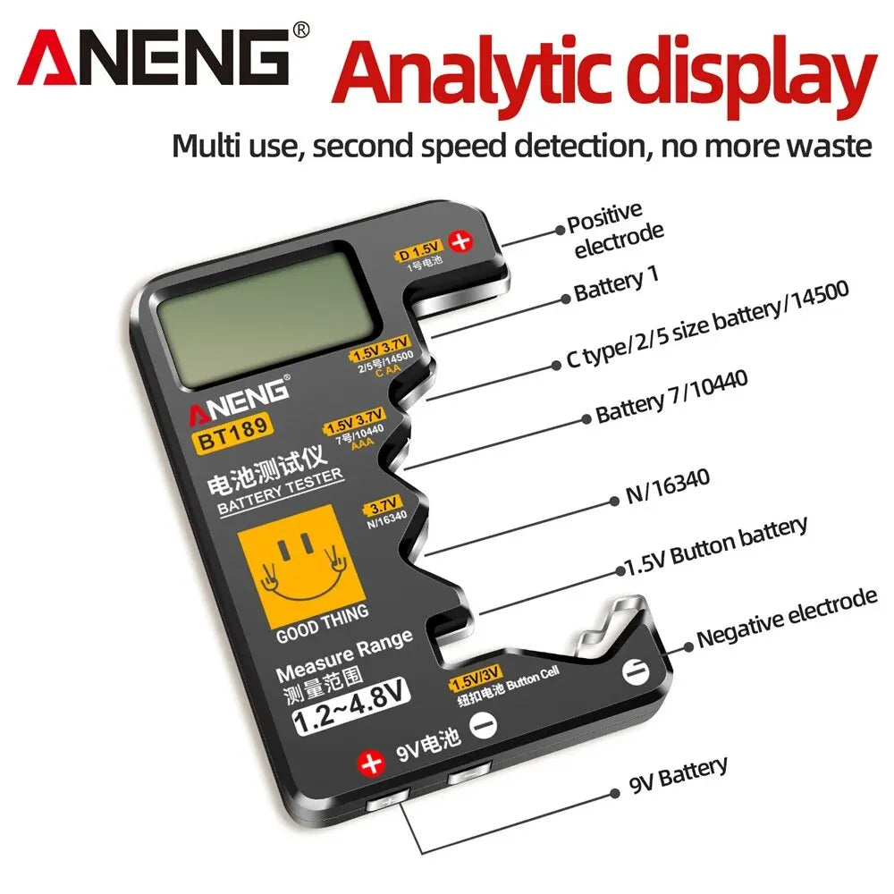 ANENG BT189 Universal Battery Tester – LCD Digital Battery Checker for AA, AAA, Button Cells & 9V Batteries