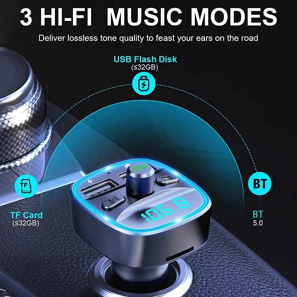 Car Adapter Bluetooth 5.0 Dual USB Port Charging Hands-free Calling Blue LED Light Fast Charging FM Transmitter Car Accessories