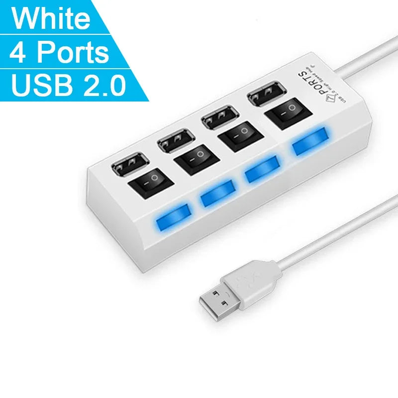 Multi USB Splitter Hub 2.0 – 4/7 Port High-Speed USB Expander with LED Switch for PC & Laptop Data Transfer