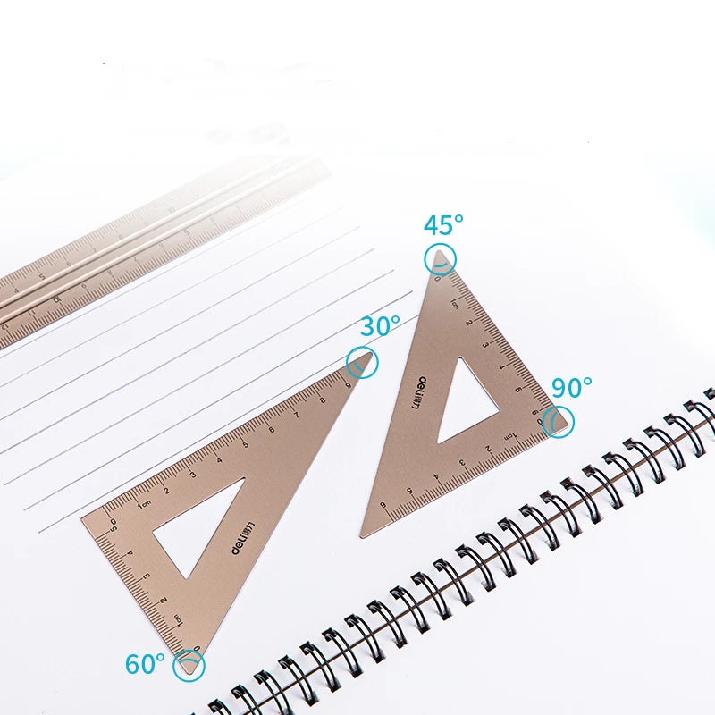 DELI Aluminum Drafting Set – 4-Piece Ruler Set with Protractor and Triangle