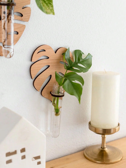 1/2 Pcs Leaf Shape Wall Planters Wooden Wall Hanging Plant Pots with Test Tube Vase Indoor Propagation Station Home Garden Decor