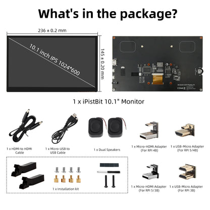 10.1 inch Capacitive Touchscreen，IPS 1024×600, Dual Built-in Speakers, HDMI Monitor Compatible with Raspberry Pi