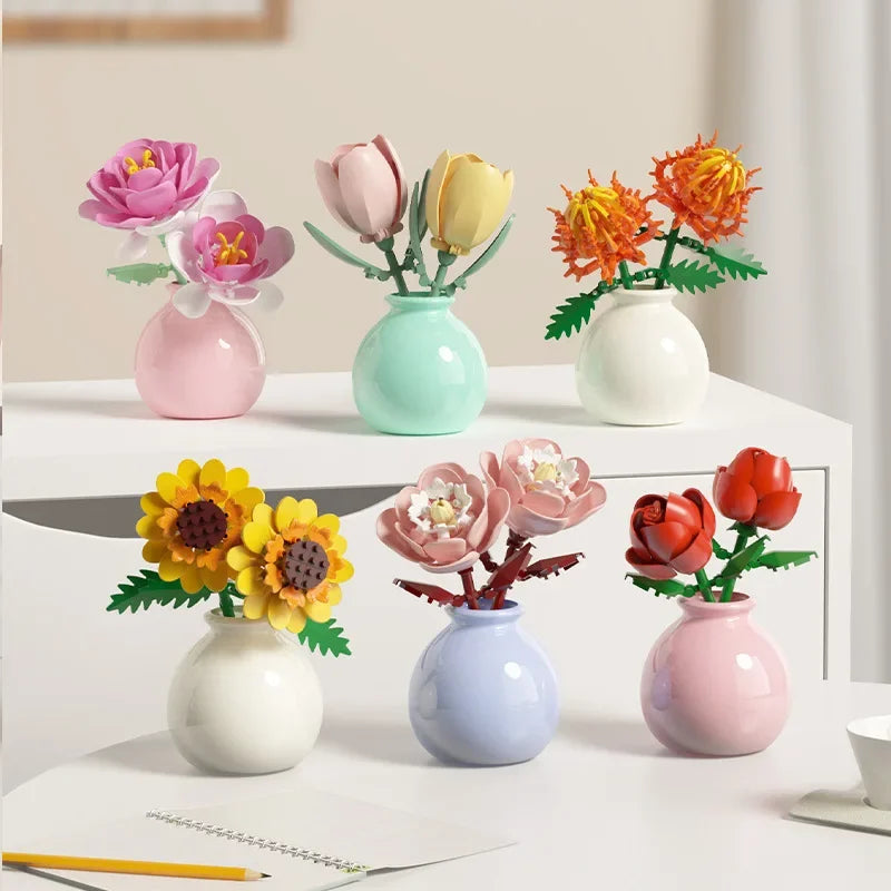 Flower Building Block Set with Pot – DIY Bouquet Kit with Roses, Lilies & Decorative Display Vase