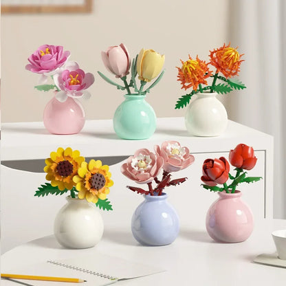 Flower Building Block Set with Pot – DIY Bouquet Kit with Roses, Lilies & Decorative Display Vase