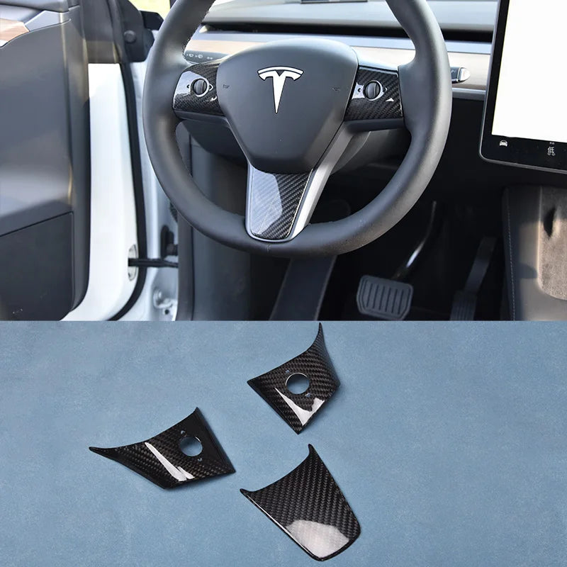 Real Dry Carbon Fiber Car Steering Wheel Cover Kit for Tesla 2016-2022 Model 3 Model Y Auto Exterior Accessories