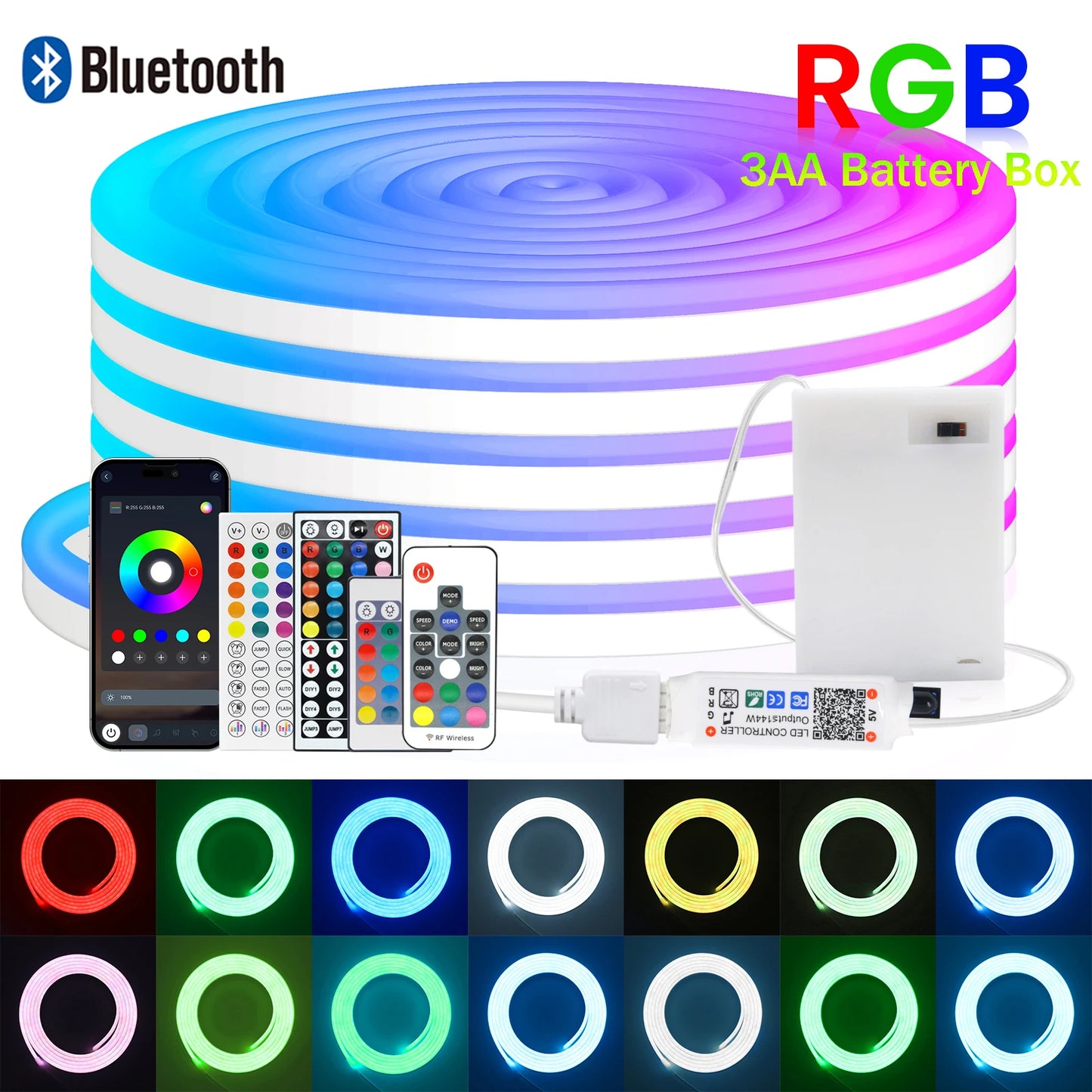 3AA Battery Box RGB Neon LED Strip Light – 5V 108 LEDs/M Waterproof Flexible Neon Strip with Bluetooth & Remote Control