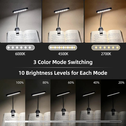 LEDs Book Light USB Rechargeable – Flexible Clip-On Reading Lamp with Warm, Cool & Daylight Modes
