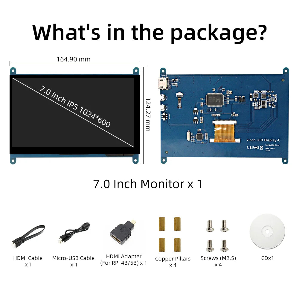 iPistBit 7 Inch IPS TFT LCD Display Monitor 1024*600 Resolution HDMI Capacitive Touch Screen for Raspberry Pi 5 4B 3B+ AIDA64