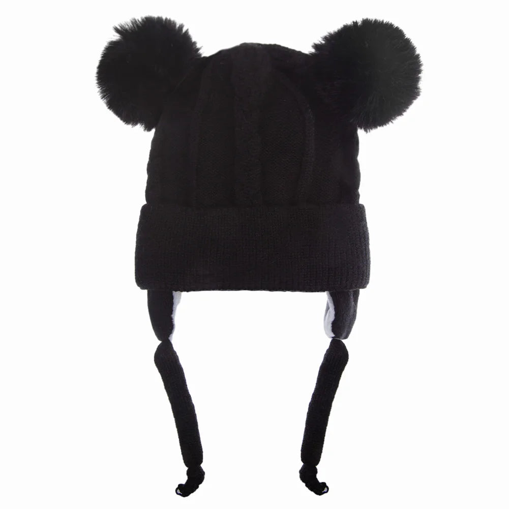 Bear Knit Winter Hat – Warm Baby Earmuff Cap with Pompoms & Cotton Lining