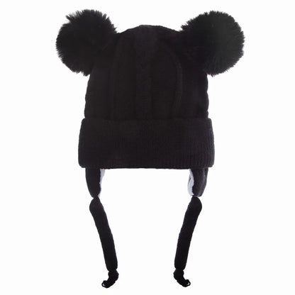 Bear Knit Winter Hat – Warm Baby Earmuff Cap with Pompoms & Cotton Lining