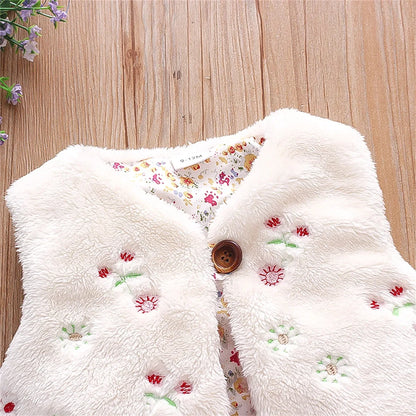Girls’ Embroidered Fur Vest – Sleeveless Warm Coat with Floral Design (0–3 Years)