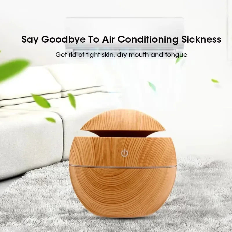 Mini Woodgrain USB Humidifier – Ultrasonic Aromatherapy Diffuser with Color Night Light