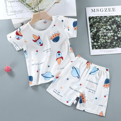 Children's Summer Cotton Sleepwear Set – Breathable Short Sleeve T-shirt & Shorts for Boys and Girls