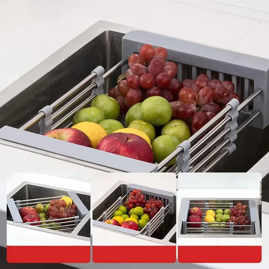 Stainless Steel Extendable Kitchen Sink Drain Rack – Adjustable Dish Drying Basket & Fruit Vegetable Washing Drainer Storage Organizer