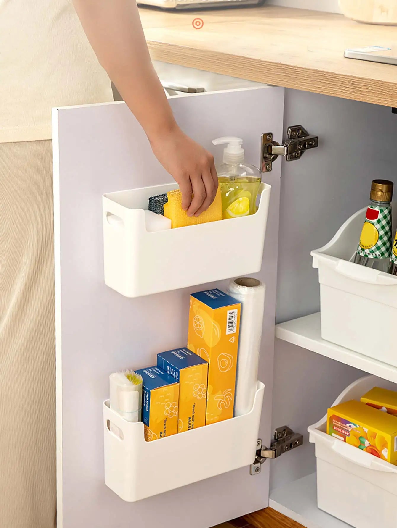 WORTHBUY Multifunctional Plastic Kitchen Storage Box – Punch-Free Wall-Mounted Cabinet Organizer for Kitchen Accessories