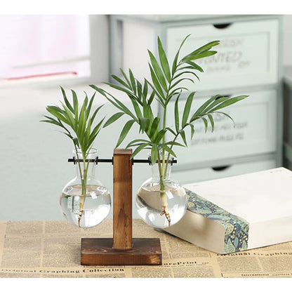 Glass Planter Bulb Vase with Wooden Stand – Desktop Hydroponic Plant Holder for Home & Office
