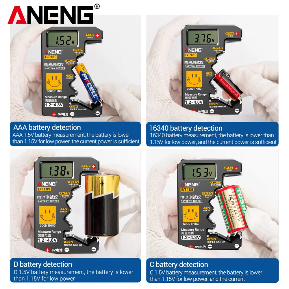 ANENG BT189 Universal Battery Tester – Indicator for AA, AAA, C, D, N, 9V & Button Cell Types