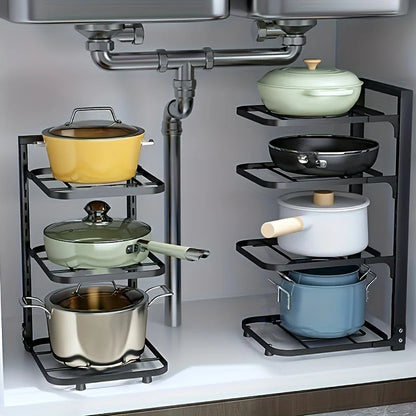 Adjustable Stainless Steel Pot Rack Organizer – Multi-Layer Kitchen Pan & Lid Storage Stand