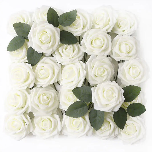 25Pcs Milk White Artificial Rose Flowers – Silk Fake Flower Stems for DIY Wedding Bouquets & Home Decor