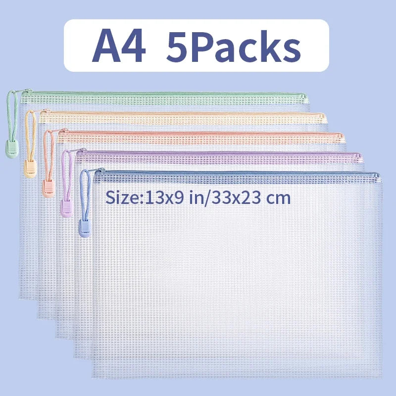 Zipper Mesh Bags A4/A5 Plastic Zipper Bags For Organizing Waterproof Clear Travel Bags Office Supplies Document，color random