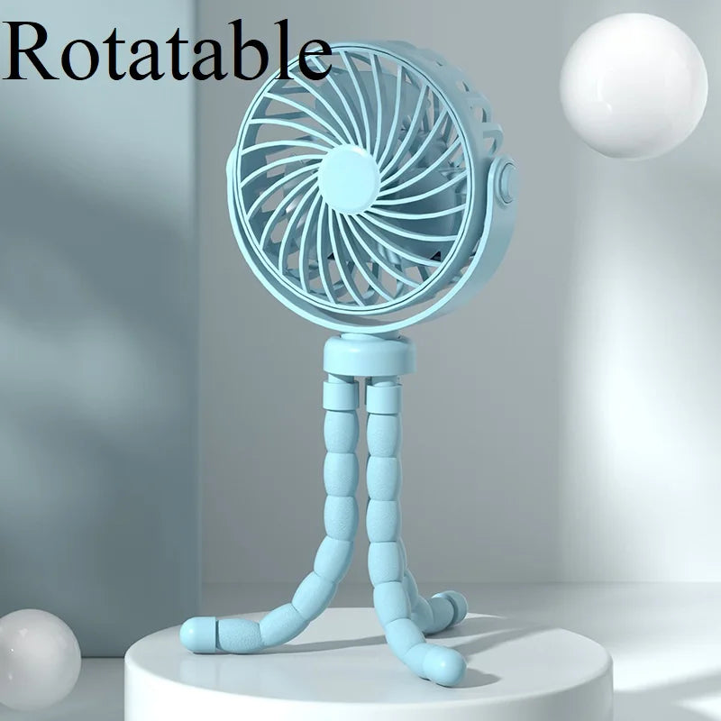 Mini Portable Baby Stroller Fan – USB Rechargeable 3-Speed Flexible Octopus Clip-On Fan