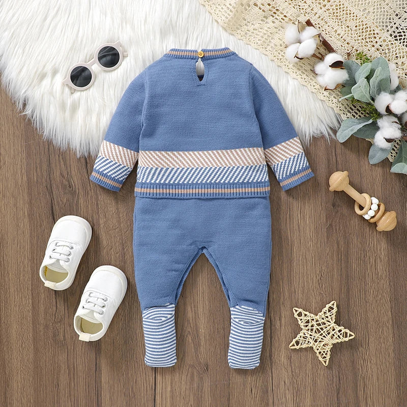 Blue Knit Baby Romper – Long Sleeve Jumpsuit for Newborn Boys & Unisex Winter Wear