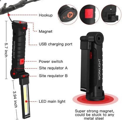 High Power LED Flashlight USB Rechargeable Camping Work Light Portable Outdoor Torch with Magnetic Base for Emergency Lighting