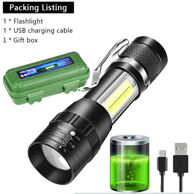 COB + XPE Mini USB Rechargeable Flashlight – Zoomable Small Torch with Clip, 350 Lumens, Waterproof Emergency Light for Camping, Hiking, Fishing