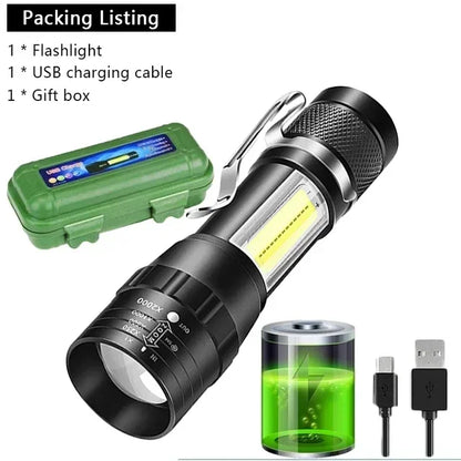 COB + XPE Mini USB Rechargeable Flashlight – Zoomable Small Torch with Clip, 350 Lumens, Waterproof Emergency Light for Camping, Hiking, Fishing