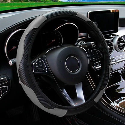 PU Carbon Fiber Leather Steering Wheel Cover – Fits 14.5–15 Inch Cars, Durable Automotive Accessory