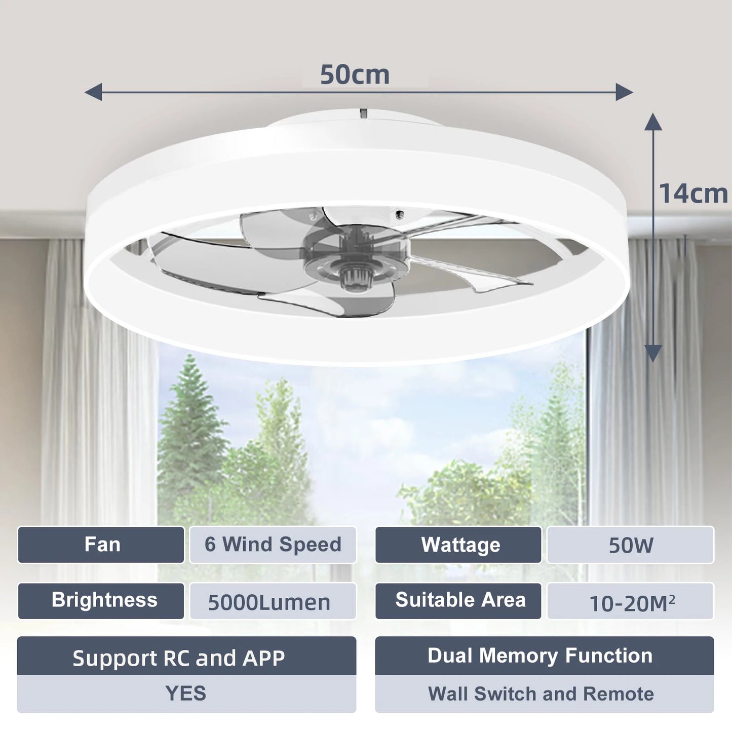 Simple LED Ceiling Fan Light with Remote Control – Infinite Dimming & 6-Speed Wind for Living Room & Bedroom
