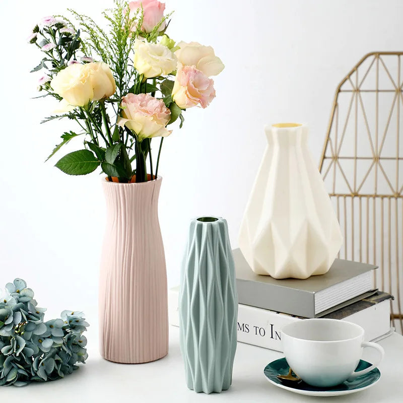 White Imitation Ceramic Plastic Vase – Nordic Decorative Flower Pot for Home, Wedding, or Table Centerpiece