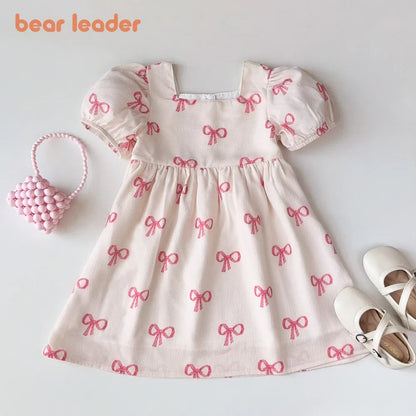 Bear Leader Girls’ Summer Dress – Short Sleeve Bow Print Casual Dress for Ages 3–7