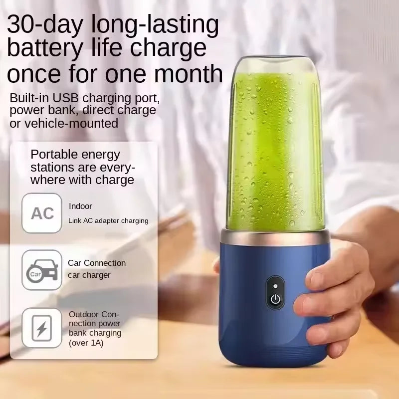 Electric Juicer with 6 Blades USB Portable Wireless Mini Smoothie Blender – Fruit Squeezer & Ice Crusher, 300ML Rechargeable Cup for Kitchen & Travel