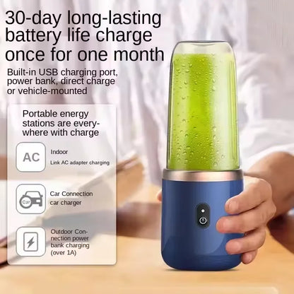 Electric Juicer with 6 Blades USB Portable Wireless Mini Smoothie Blender – Fruit Squeezer & Ice Crusher, 300ML Rechargeable Cup for Kitchen & Travel