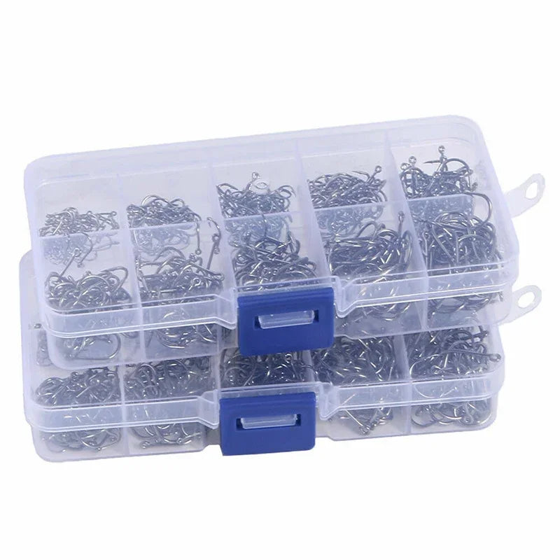 High-Carbon Steel Fishing Hooks Set – 50 to 1600pcs Barbed Circle Hooks in Tackle Box (Sizes 3#–12#)