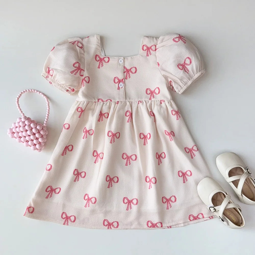 Bear Leader Girls’ Summer Dress – Short Sleeve Bow Print Casual Dress for Ages 3–7