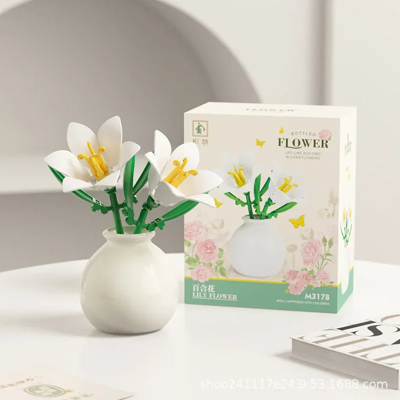Flower Building Block Set with Pot – DIY Bouquet Kit with Roses, Lilies & Decorative Display Vase