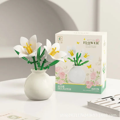 Flower Building Block Set with Pot – DIY Bouquet Kit with Roses, Lilies & Decorative Display Vase