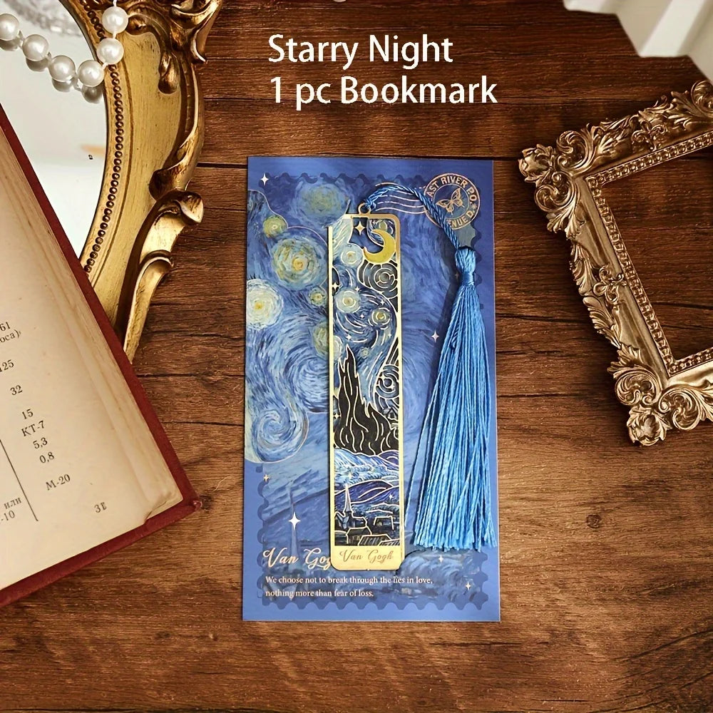 Vintage Oil Painting Metal Bookmarks – Hollow Hot Stamping Tassel Bookmarks for Book Lovers
